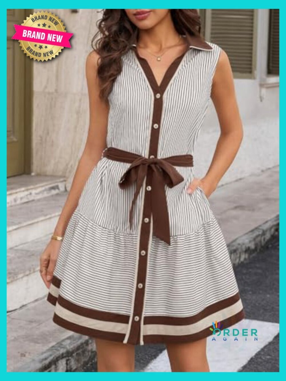 Striped Button Down Shirt Dress Sleeveless Tie Waist Mini with Pockets - Picture 2 of 6